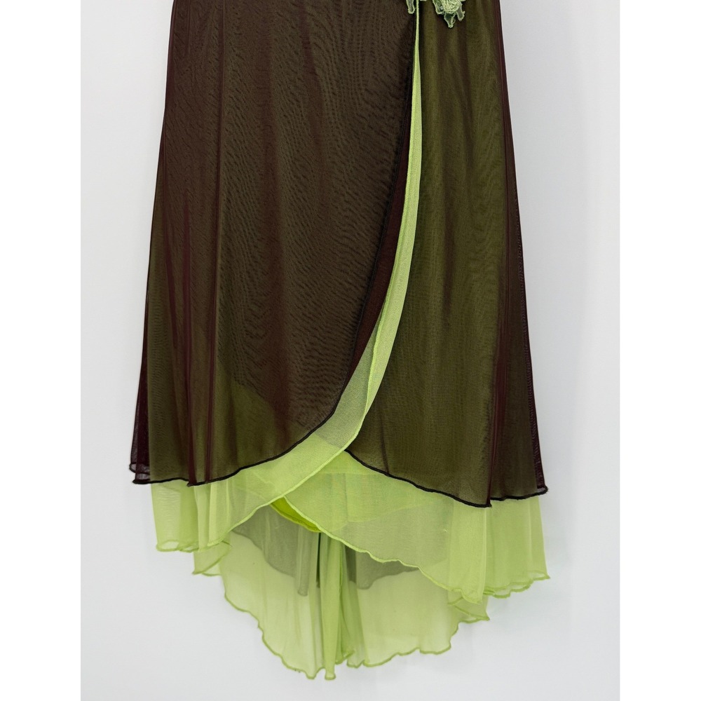 Brown‎ Lime Mesh Hi Low Dress Y2K Fairycore Ruched Asymmetrical Forest Grunge - Picture 2 of 16